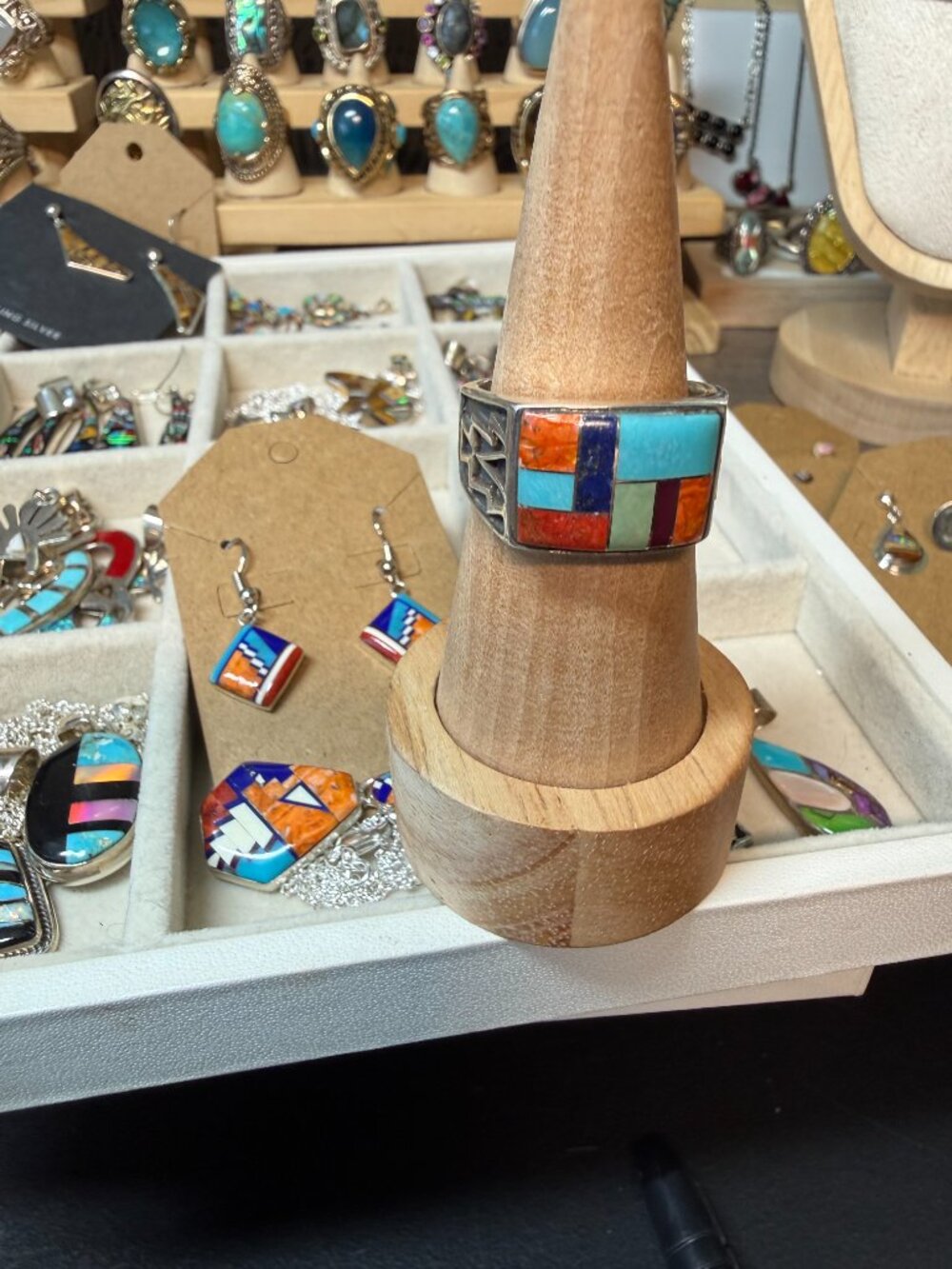 Colorblock Inlay Sterling Silver Statement Ring - Turquoise & Coral - Picture 9 of 10